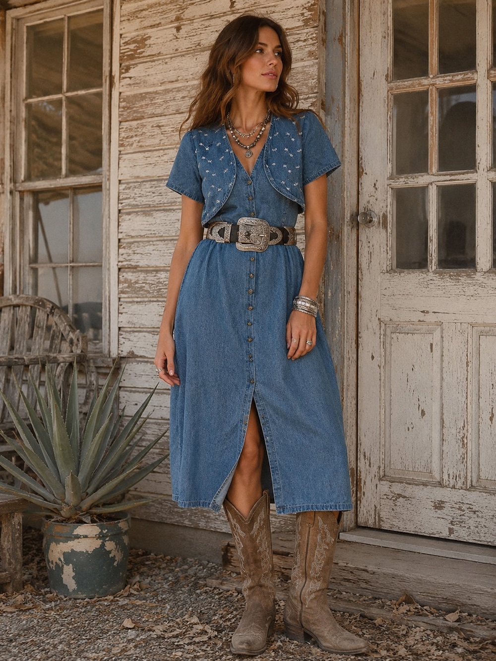 Embroidered denim dress. Sz 6P. Zip back w/tie waist. Retro. Rodeo. Western.